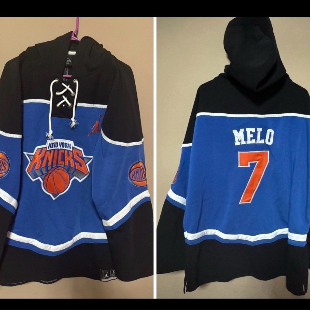 NBA New York Knicks Blue & Black Melo #7 Pull-Over Hoodie Sweater
